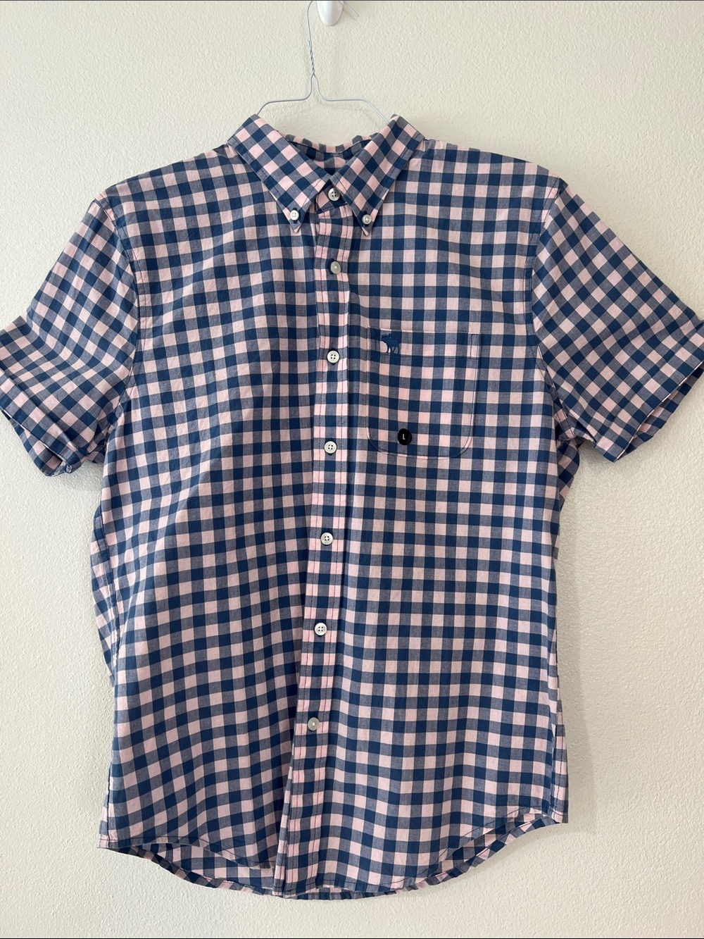 Abercrombie & Fitch Navy and Pink Gingham Short-Sleeve Button-Down Shirt